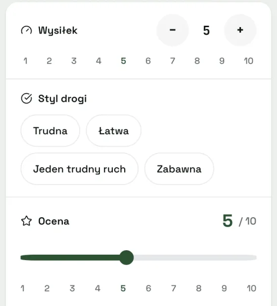 Fragment formularza „Zapisz przejście” w Cezi: wysiłek od 1 do 10, styl drogi i ocena drogi.