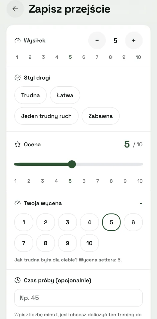 Formularz zapisu przejścia w Cezi: wysiłek, styl drogi, ocena drogi, twoja wycena i czas próby.